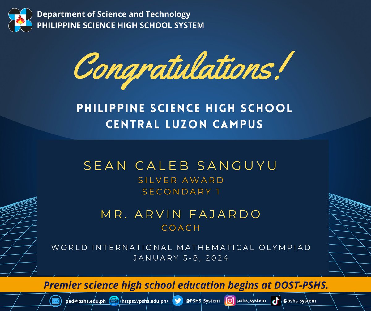 PSHS_System's tweet image. #HusayPisay
𝗘𝘅𝗰𝗲𝗹𝗹𝗲𝗻𝗰𝗲 𝗳𝗿𝗼𝗺 𝗣𝗦𝗛𝗦-𝗖𝗲𝗻𝘁𝗿𝗮𝗹 𝗟𝘂𝘇𝗼𝗻 𝗖𝗮𝗺𝗽𝘂𝘀
We commend 𝗦𝗲𝗮𝗻 𝗖𝗮𝗹𝗲𝗯 𝗦𝗮𝗻𝗴𝘂𝘆𝘂 for winning a Silver Award - Secondary 1 and his coach 𝗠𝗿. 𝗔𝗿𝘃𝗶𝗻 𝗙𝗮𝗷𝗮𝗿𝗱𝗼 in the World International Mathematical Olympiad!