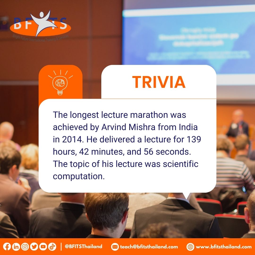BFITSThailand's tweet image. Dive into the world of record-breaking knowledge! 🚀✨ Did you know Arvind Mishra from India holds the title for the longest lecture marathon? 🎤💡 Clocking in at 139 hours, 42 minutes, and 56 seconds!🌐📚 #ThursdayTrivia #RecordBreakingLecture #KnowledgeUnleashed