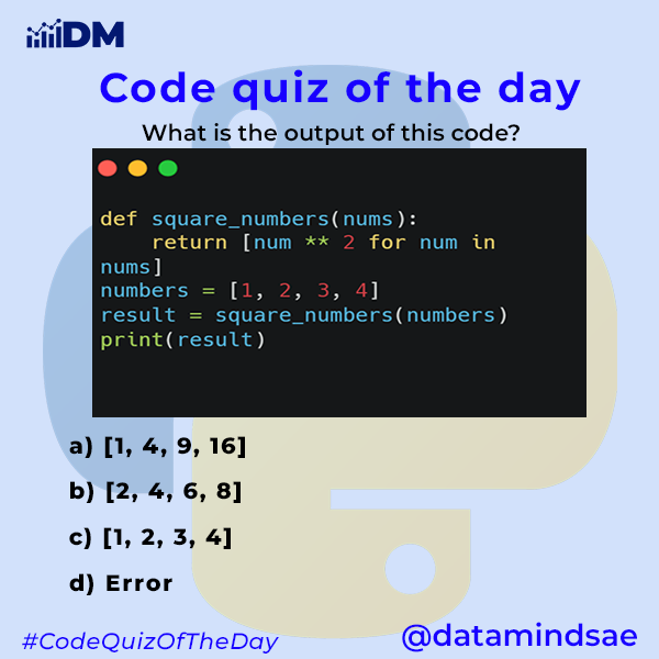 What is the output of this code?
#CodeQuizOfTheDay

#Python #pythonprogramming #AI #ml #DataScience #developers #100DaysOfCode @X #CodeQuiz