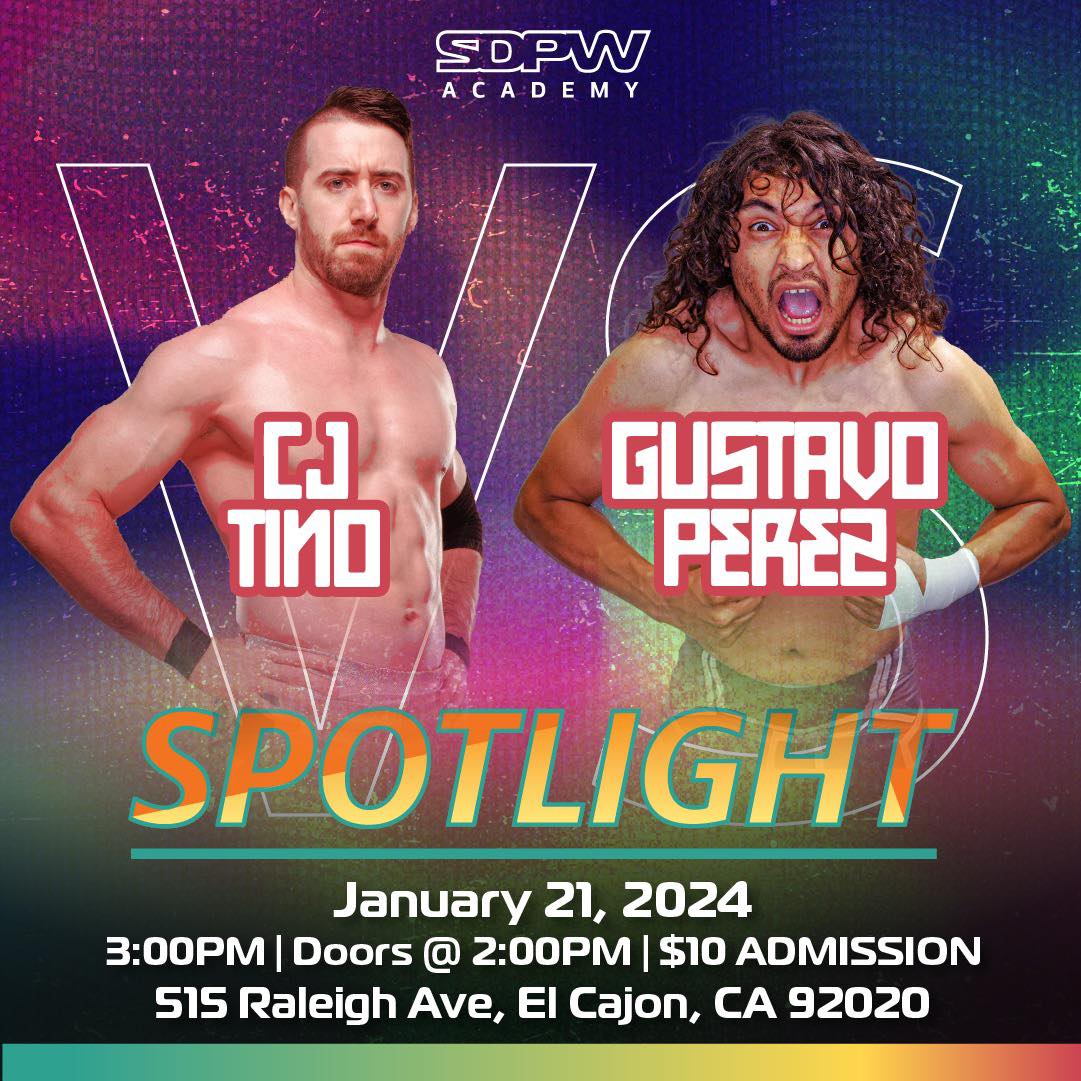 sdprowrestling's tweet photo. 🚨 SPOTLIGHT 🚨

Be there live to see Gustavo Peréz clash with CJ Tino in an epic bout!
#SDPWA #Spotlight

🎨 @howellns1 https://t.co/y4jxMS6C69