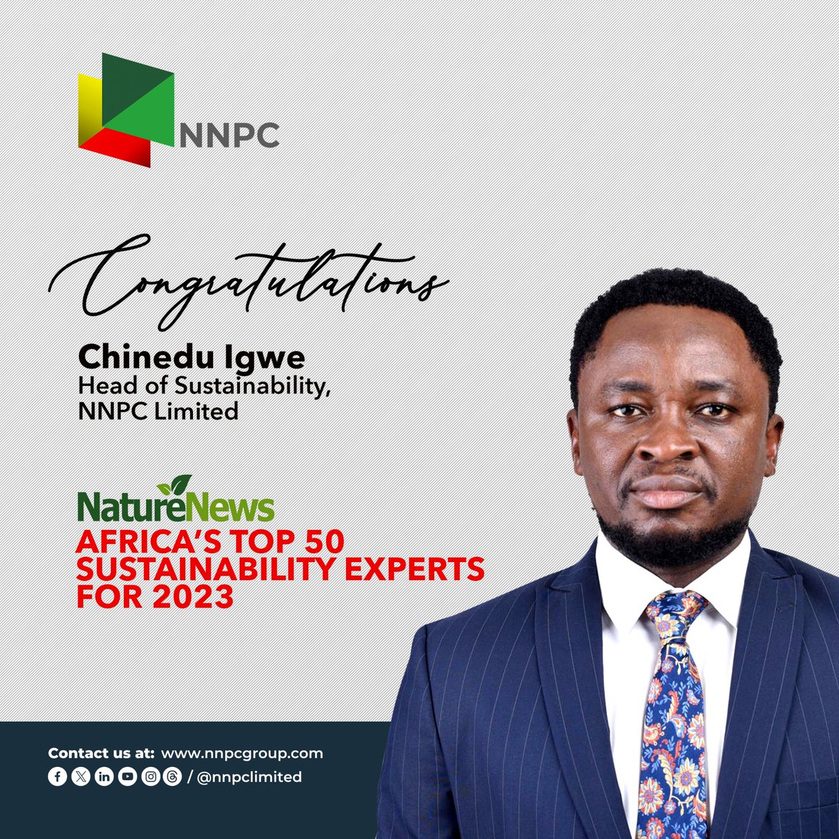 We congratulate Chinedu Igwe, Head, Sustainability, NNPC Limited, on making the NatureNews Africa maiden list of Africa’s Top 50 Sustainability Experts for 2023.

At NNPC Limited, our values are Integrity, Excellence, and Sustainability, and we are excited that Chinedu has…