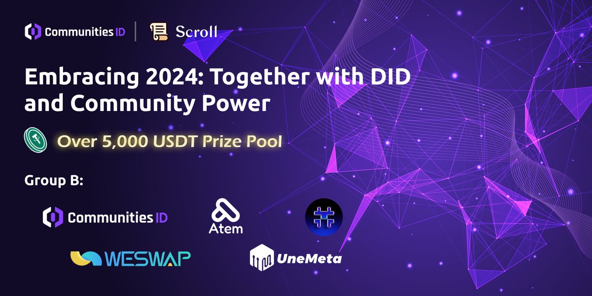 🎊<a href="/WeSwapIO/">WeSwap.io - Multichain Binary Option Protocol</a> x <a href="/CommunitiesID/">Communities ID💙Fanship is Live💙</a> x <a href="/Scroll_ZKP/">Scroll</a> x <a href="/Port3Network/">Port3 Network</a>  Embracing 2024 Giveaway event🎊

💰Over 5,000 $USDT + #NFT +Tokens

To enter:
✅Follow+RT+Like
✅Come to win some $USDT, $WSP and more: soquest.xyz/space/communit…

⏰  12PM, 11th Jan - 12PM, 18th Jan (UTC+8)