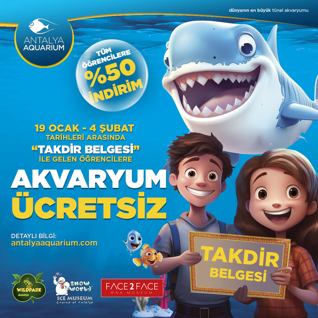 Öğrencilere Müjde! Antalya Aquarium'da takdir kampanyası başlıyor. Takdirli öğrenci full pakette ücretsiz her öğrenciye %50 indirim. antalyaaquarium.com #sömestir #tatil #yarıyıltatili #ücretsiz #fırsat
