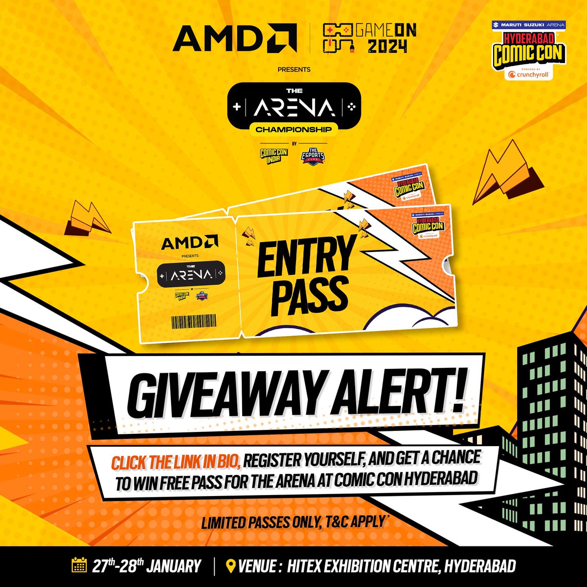 Want a golden ticket to AMD presents The Arena at Comic Con Hyderabad? 🎟️ Register through this link: url.theesports.club/ggol0 - limited passes, unlimited fun! 🔥 Date : 27th and 28th January. Venue : HITEX Exhibition Centre, Hyderabad. How to participate? * Click this link :