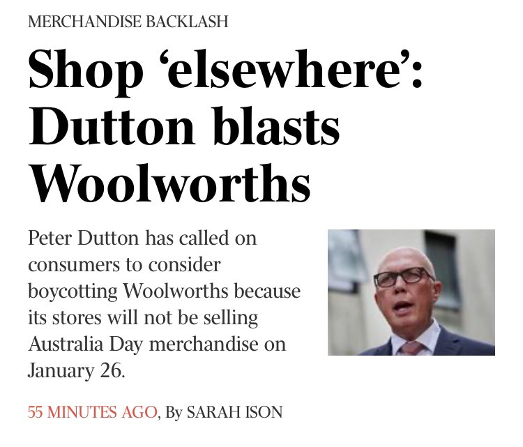 An LNP leader ordering a nationwide boycott of one of Australia’s biggest companies and employer of 100s of 1000s of Aussies just because their decision exposed the stupidity of his “unite and celebrate” campaign and the only political idea he’s got. 

You couldn’t make this up🙄