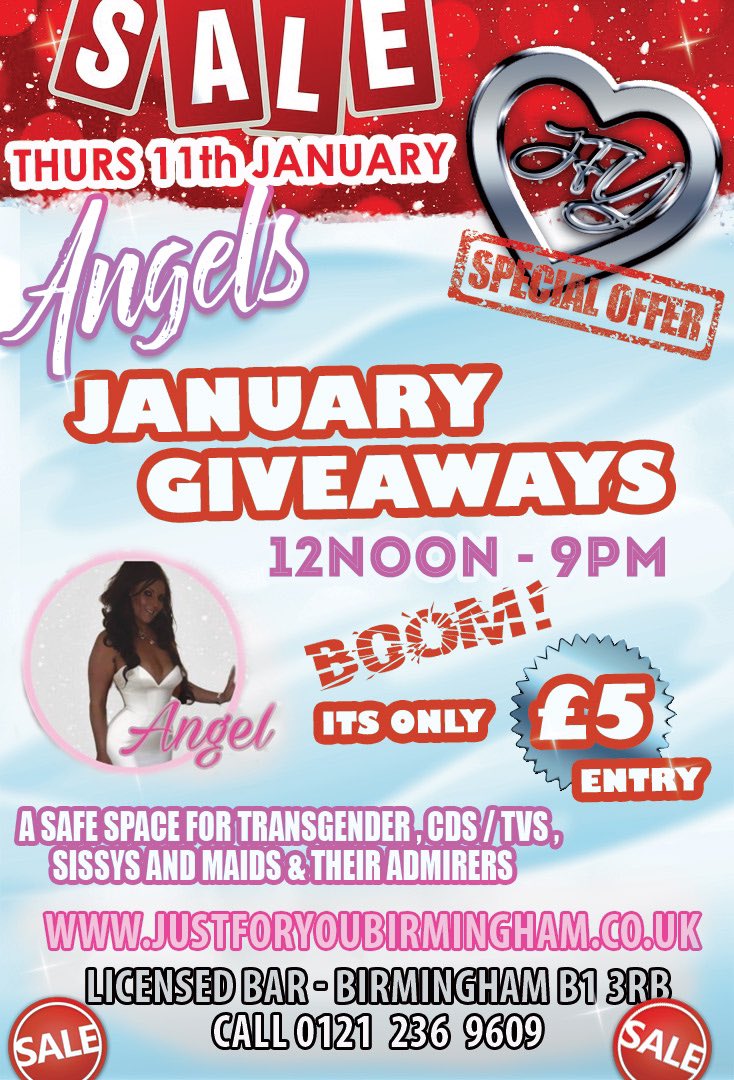 @JustforyouBham IT'S JANUARY SALE DAY!! only £5 entry, come along to @AngelGJFY legendary LGBTQ event xxx @mercedespryce @PrincessTassha @Pip_XXXXX @Darren1982j @emeraldpromos @MikeySmyth145 @Blaze9023920163 @LuvSexyLadies_ @PartymanTrevor