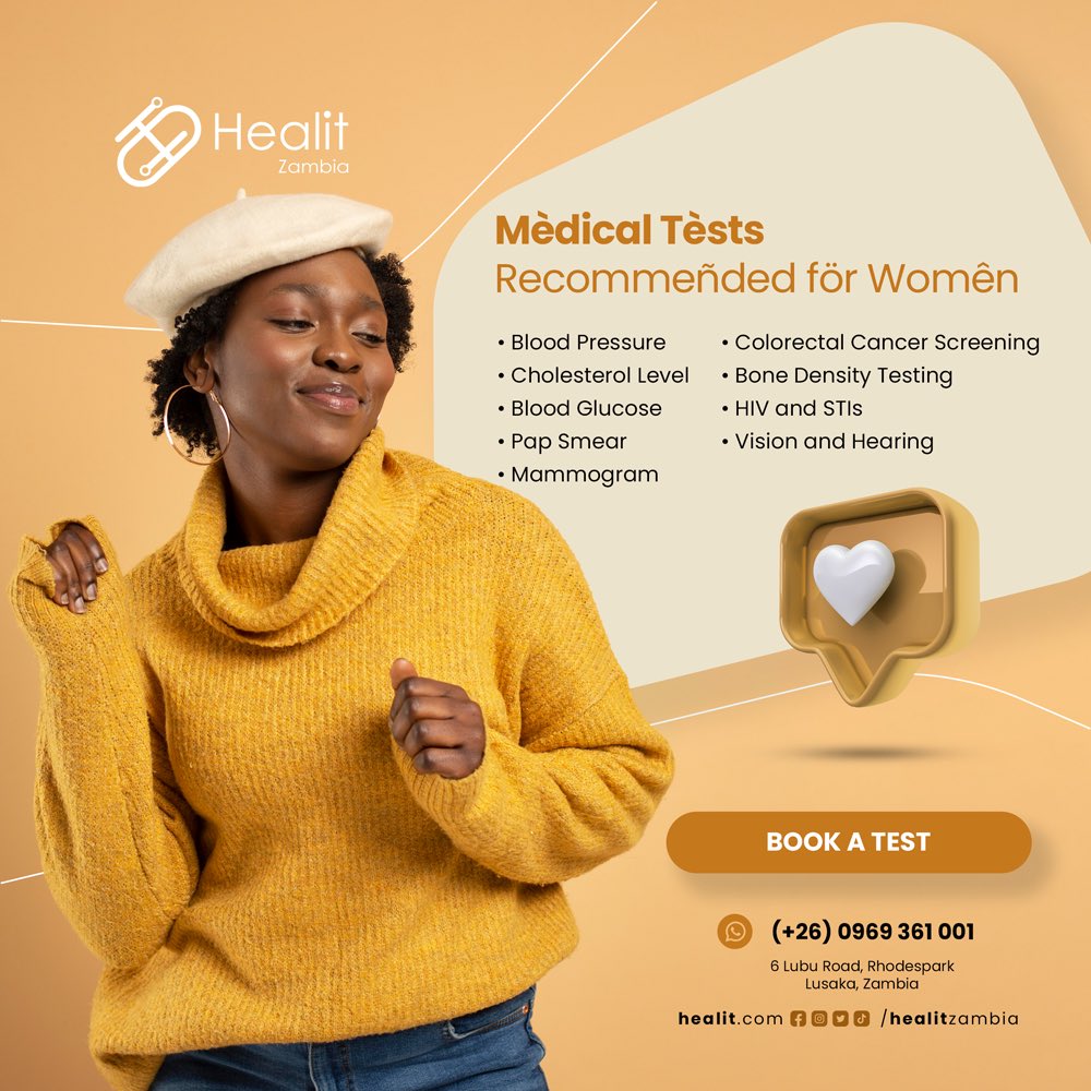 Medical tests every woman should have done. These medical tests could save your life!
Schedule your appointment with us 📞 0969 361 001.

#womenshealth #medicaltests #healitzambia  #healthscreening