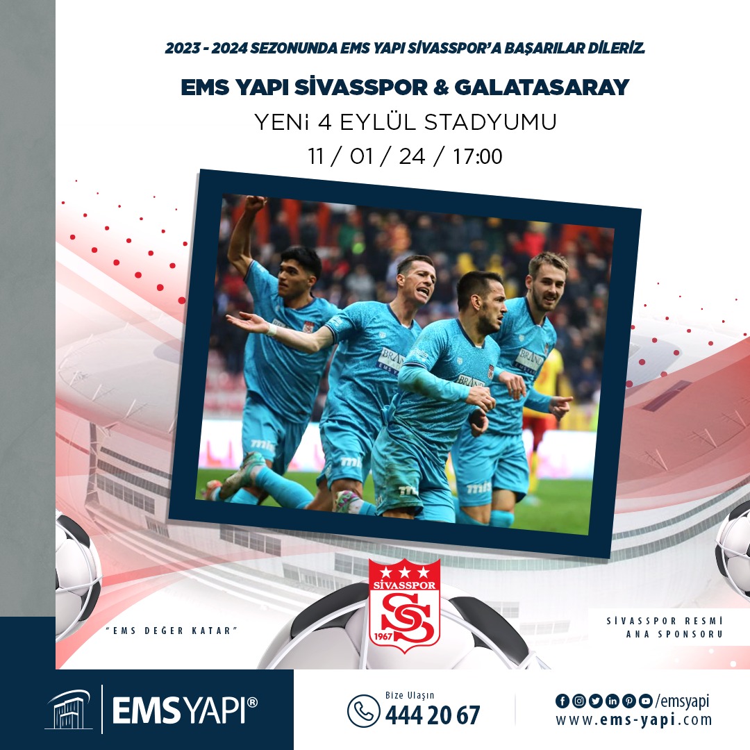 EMSYAPI's tweet image. EMS Yapı Sivasspor ⚽️ Galatasaray 

🏟️Ems Yapı Sivassporumuza başarılar dileriz.

Bu heyecanı kaçırmayın!

#emsyapisivasspor #sivasspor #heyecanzirvede #galatasaray