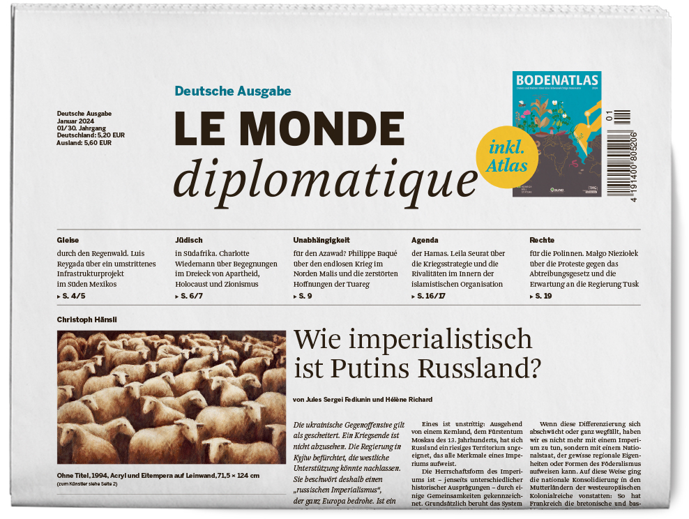 Die Januarausgabe ist ab heute am Kiosk! Wie imperialistisch ist Putins Russland? Historische Narrative und die aktuelle Machtfrage • Jüdisch in Südafrika: Begegnungen im Dreieck von Apartheid, Holocaust und Zionismus • Die inneren Widersprüche der Hamas