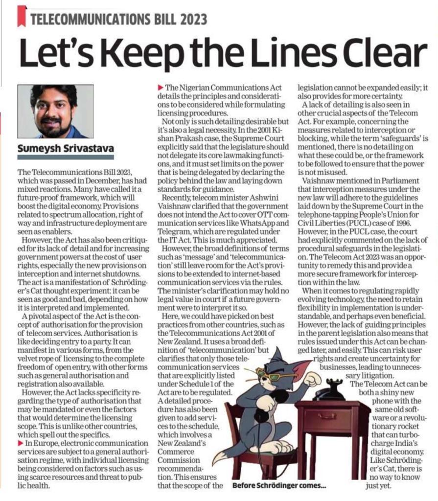In light of the Telecommunications Act 2023, Senior Manager Sumeysh Srivastava (@SriSriSumeysh) from The Quantum Hub team (@tqh_policy)  writes for @ETOpinion on why the Telecom Act 2023, while an important piece of legislation, can be both - a flexible framework that allows for