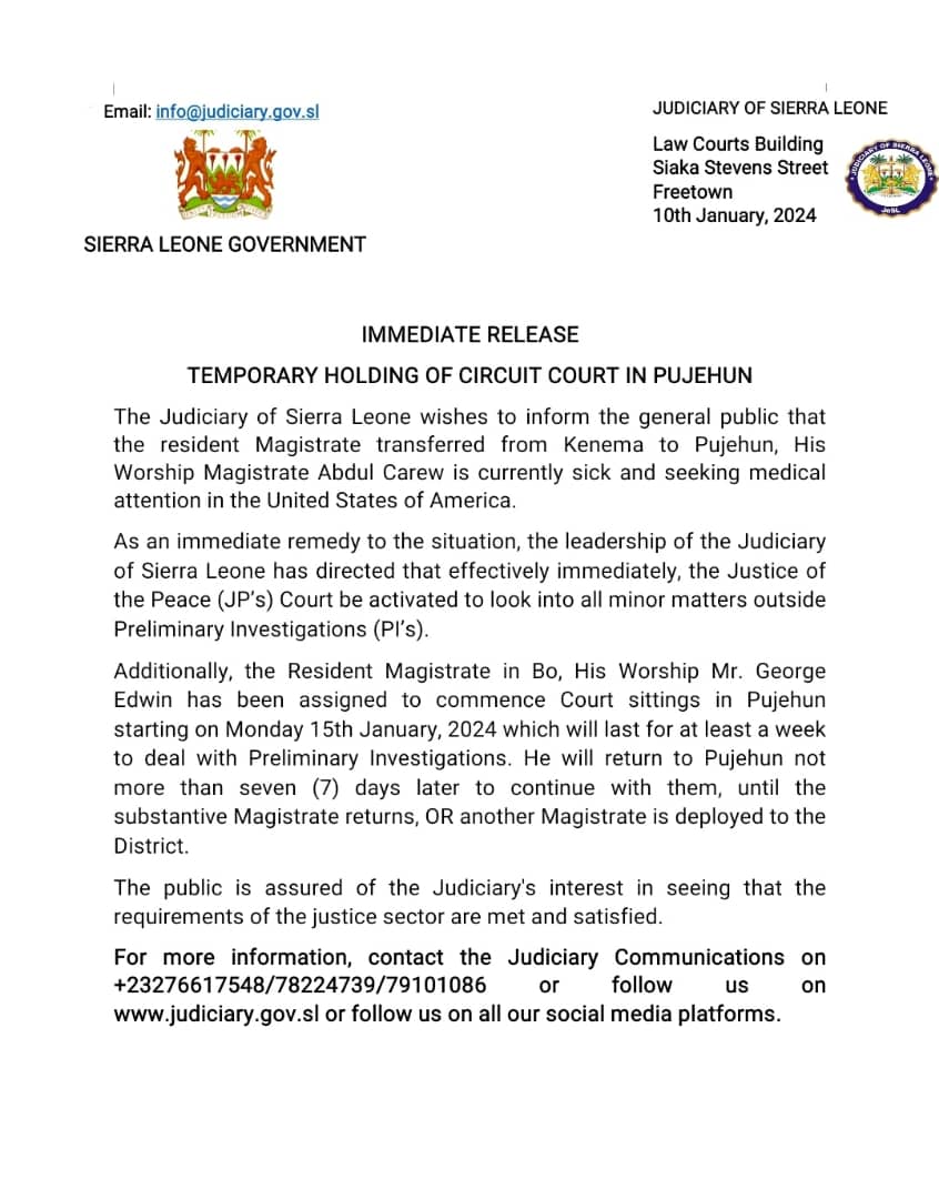 #The Judiciary of Sierra Leone issues immediate press release to reactivate the Justice of the Peace (JPs) to look into minor offences in Pujehun District. The Judiciary has also assigned the Resident Magistrate in Bo to deal with Preliminary Investigations.