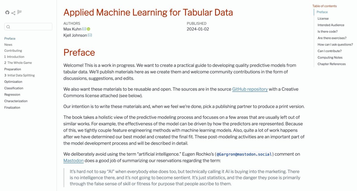 RosanaFerrero's tweet image. 📚¡Libro recién publicado! Applied Machine Learning for Tabular Data
🙌 Max Kuhn @topepos &amp;amp; Kjell Johnson
👉Guía de preprocesamiento, ingeniería de características, modelos supervisados ​​y postprocesamiento
buff.ly/41SXAIc 
#quartopub #book #rstats #tidymodels #stats #ML