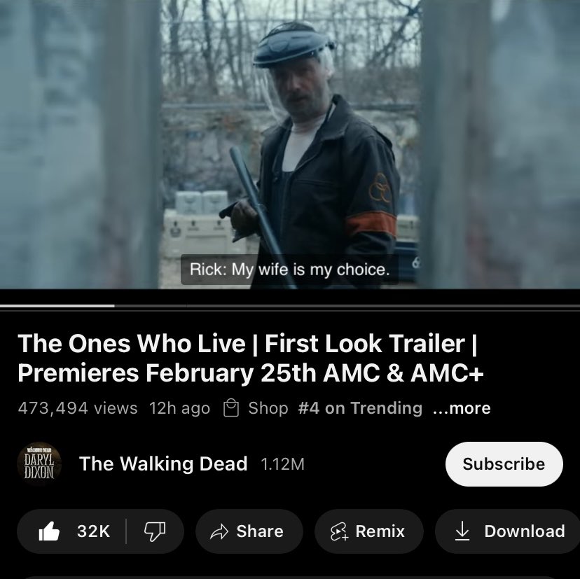 QueenOfTWDU's tweet photo. Trending at #4 on YouTube their power MichonneGrimes & RickGrimes “My wife is my choice” -RickGrimes #TOWL #RichonneSpinoff #ZomRomCom Epic Love Story #TheOnesWhoLive #DanaiGurira #AndrewLincoln #MichonneGrimes #RickGrimes #MrsRickGrimes #KingandQueenoftheapocalypse https://t.co/Fwc29WiSZv