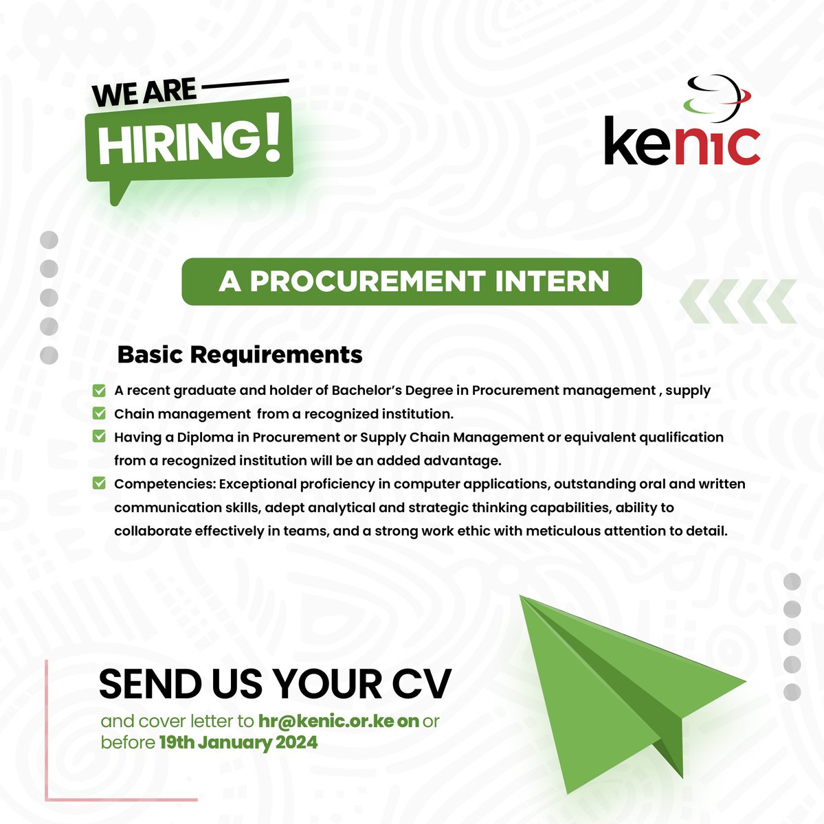 KenicTLD's tweet photo. 🌟 Join KeNIC! We're hiring a Procurement Intern to join our dynamic team. If you're passionate about procurement and want to grow with us, this is your chance! Find out more information about the internship opportunity at https://t.co/UIEwKojjjV #DotKE https://t.co/q4iphC8LcN