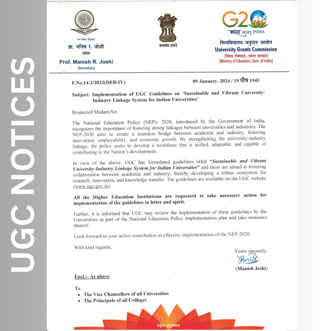 ugc_india's tweet photo. UGC Notice regarding the Implementation of Guidelines on 'Sustainable and Vibrant University-Industry Linkage System for Indian Universities'
Read here: https://t.co/g2Y0DDeHPL
#UGC #UGCNotices https://t.co/GvZjCN1dbU