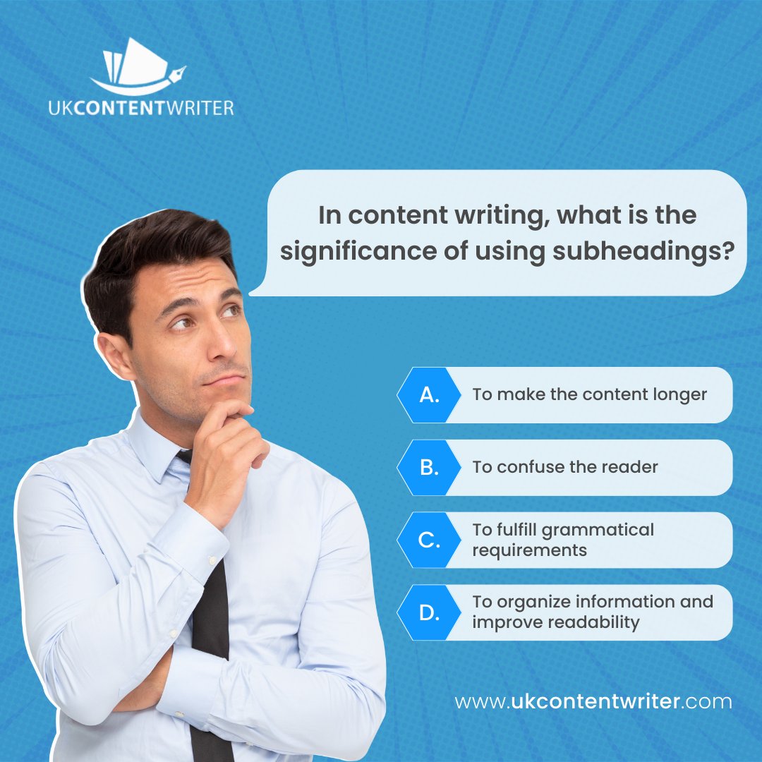Unlock the Power of Subheadings! Can you decipher the true purpose in content writing? 📚✨ Choose wisely: a) Length, b) Confusion, c) Organization, or d) Grammar?'
#ukcontentwriter #seocontent #DigitalContent #ArticleWriting #ContentCreation #BlogWriting #Copywriting #WebContent