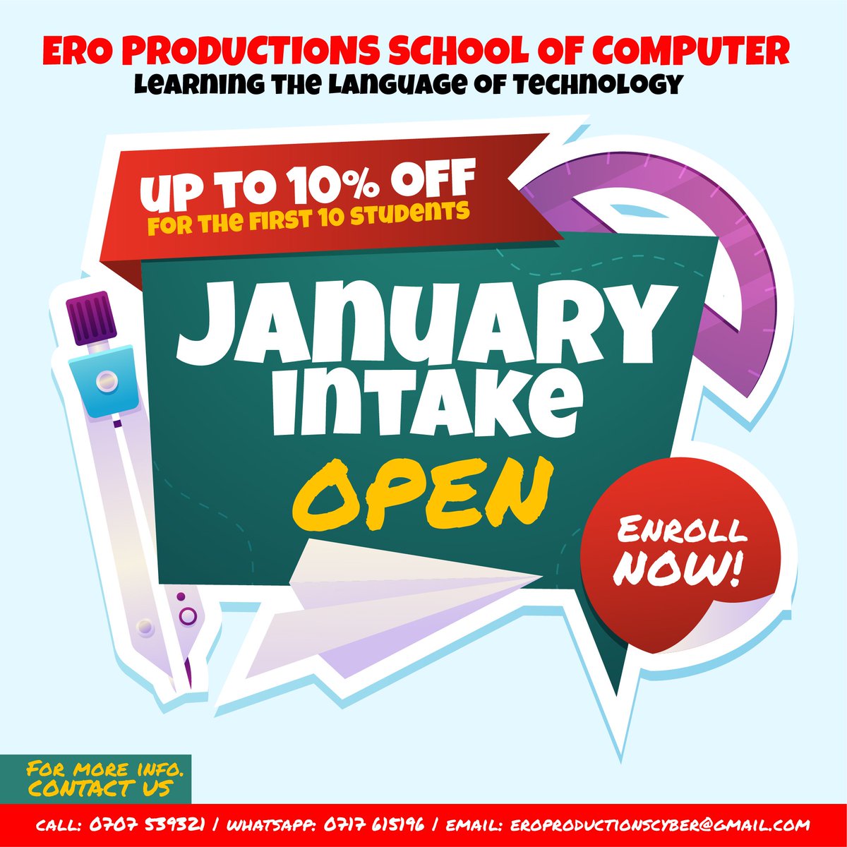 dk_atenya's tweet image. Ero Productions School of Computer is having January intakes for Computer Classes. Call 0707 539321, WhatsApp 0717 615196, or email at eroproductionscyber@gmail.com for inquiries. Thank you! #eroproductionscyber #computerclasses