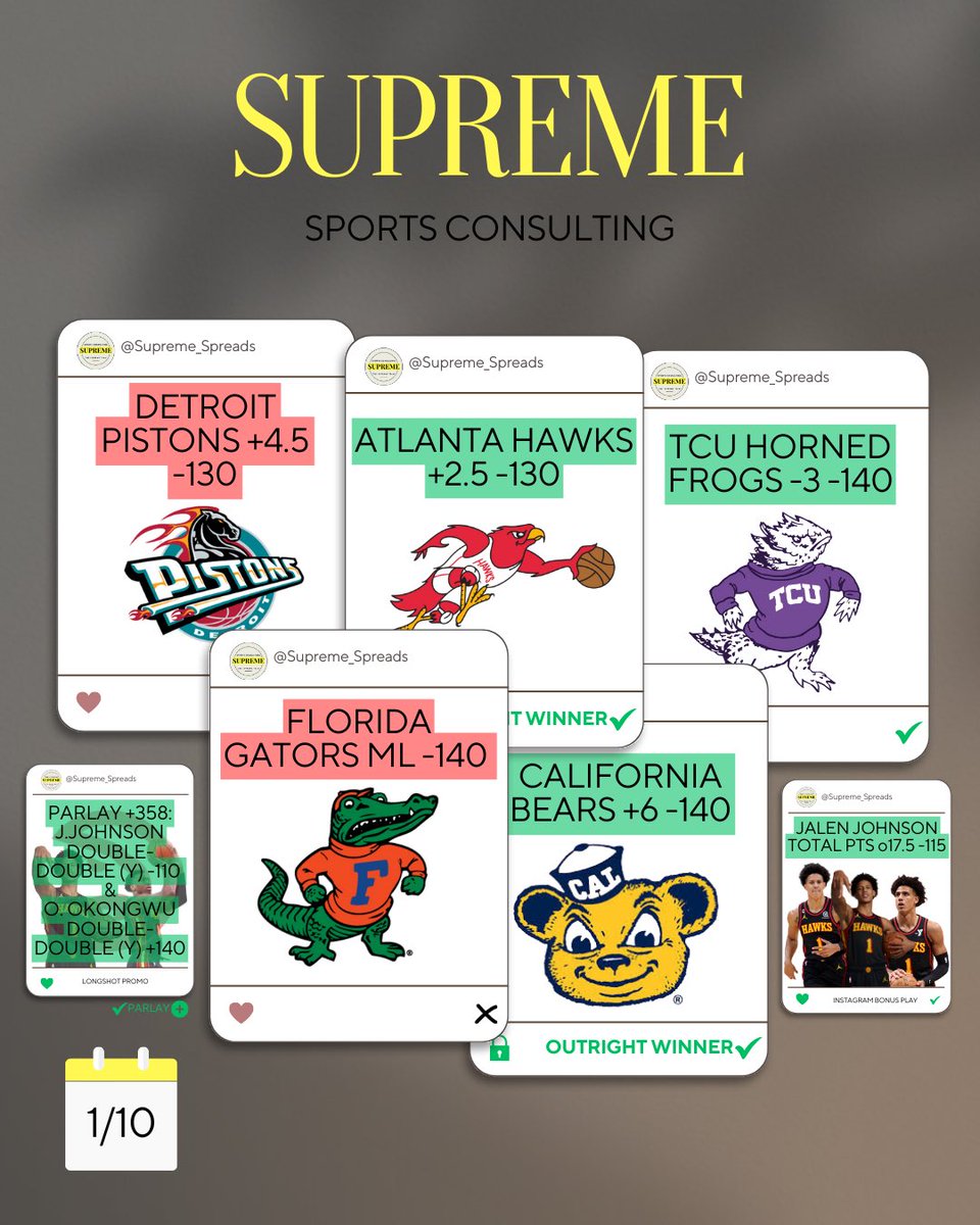 Supreme_Spreads's tweet photo. SOLID WEDNESDAY NIGHT FOR THE SUPREME TEAM!!🔥🔥 WEDNESDAYS PLAYS CLOSED THE DAY @ 5W - 2L CASHING TODAYS LOCK OF THE DAY 🔒 TWO OUTRIGHT WINNERS! &amp; TODAYS PROMO PARLAY OF THE DAY @ +358!!🚨🔥 ✅ JANUARY MOVES TO AN OVERALL OF +29.63 UNITS IN JUST 10 DAYS!!🚨🏆

#sportspicks #nba https://t.co/lrbsj5ct48