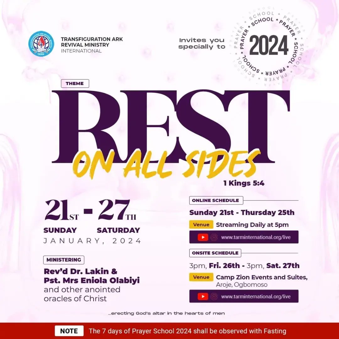 tarmglobal's tweet photo. So then, there is still awaiting a full and complete Sabbath-rest reserved for the [true] people of God;  Hebrews 4:9 AMPC

Join us at Prayer School 2024. It's exactly 10 days to go!!! 

You will enter your divinely arranged rest on all sides!

#PrayerSchool2024 https://t.co/F1uPv42eup