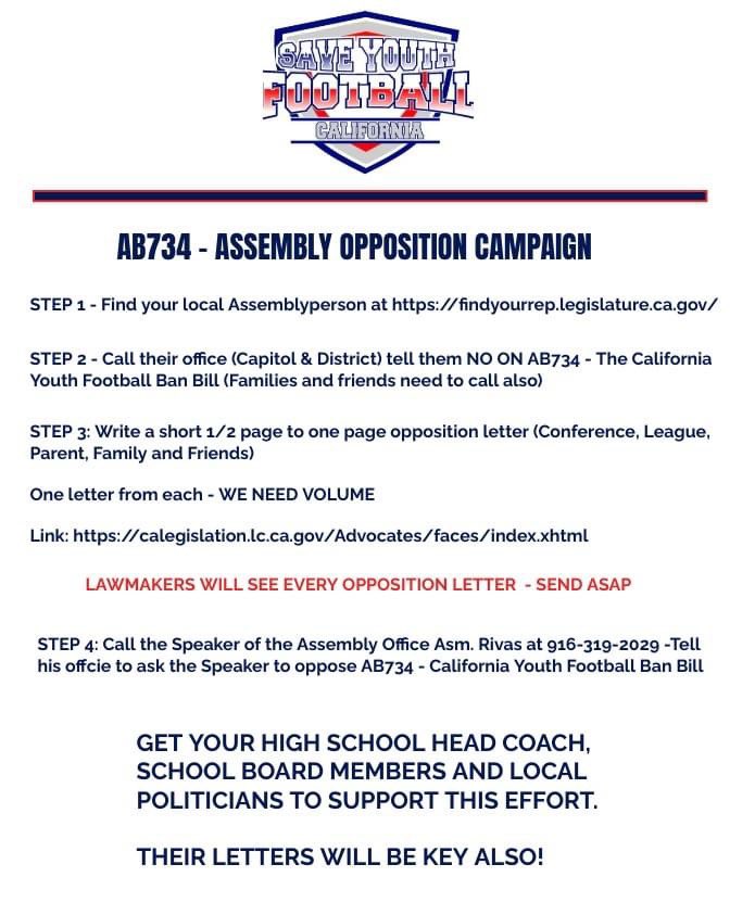 Help us Save Youth Football. 

Anyone, business, league or individual can send an opposition letter and make a call. 

Let’s stop Sacramento from choosing every part of our life! #NOonAB734