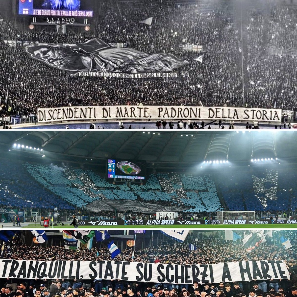 contrasti_sport's tweet photo. 🤯 Nel derby andato in scena ieri sera all'Olimpico, la Curva Nord si è resa protagonista di una geniale coreografia-sfottò.

"Questo è quello che ci costringete a guardare ad ogni derby", ricordando quindi l'ultima coreografia (13.11) della Sud (foto 2) non srotolata in tempo. https://t.co/uhx4R57MZ9