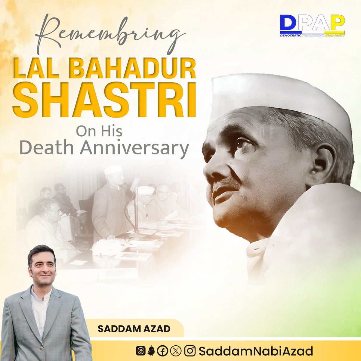 SaddamNabiAzad's tweet photo. Honouring the #legacy of Former #PrimeMinister #LalBahadurShastri, on his death anniversary. His enduring #vision for a #united and #ProgressiveNation continues to inspire. We reflect on his values of simplicity and integrity, remembering his contributions to the country's history.

#DeathAnniversary #FormerPrimeMinister #LalBahadurShastriJi 

#WithSaddamAzad