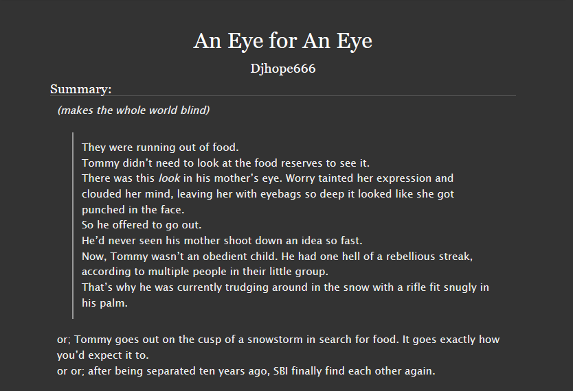 SbiFics's tweet photo. An Eye for An Eye by Djhope666

https://t.co/Nk4mLahBIC

Warnings: Blood and Injury, Illnesses, Near Death Experience, Animal Death

Words: 7194

Completed 🌸
🦝 https://t.co/juEpwcV9Ve