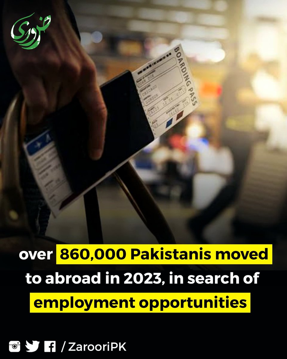 zarooripk's tweet photo. According to a survey,  over 860,000 Pakistanis moved abroad in search of employment opportunities during the calendar year 2023, marking the highest number recorded since 2015.

The breakdown of statistics paints a comprehensive picture of the diverse workforce seeking opportunities abroad. A substantial 385,892 laborers and 196,575 drivers took the lead, underscoring the prevalence of manual and transportation-related professions.

The emigrants also include professionals such as 8,741 engineers, 7,390 accountants, 3,486 doctors, and 1,533 teachers.

#Zaroori #Pakistan