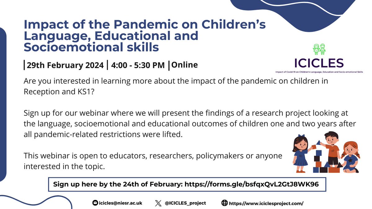 Do you want to know more about the language, socioemotional and educational outcomes of children in #Reception and #KS1 one and two years after all #pandemic related restrictions were lifted? 
Sign up for our #webinar here 👉forms.gle/bsfqxQvL2GtJ8W…