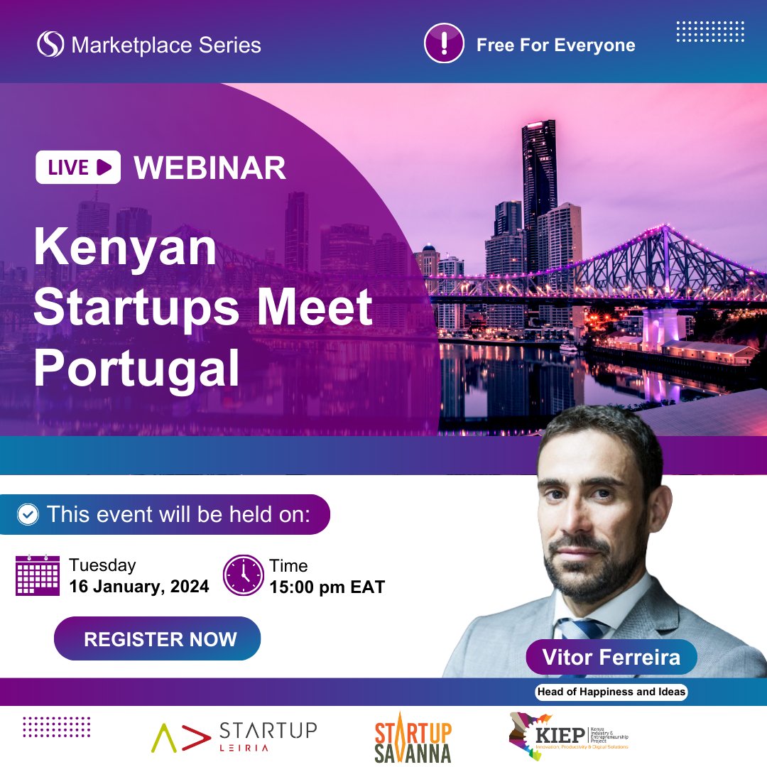 KENYA MEETS PORTUGAL
Are you an entrepreneur in Agritech, Circular Economy, and Tech/are you interested in doing business in Portugal? Join our virtual session on Kenyan Startups Meet Portugal.

Register here: lnkd.in/djTkqb3g
📅 Tuesday, 16th January 2024
🕒 15:00 PM EAT