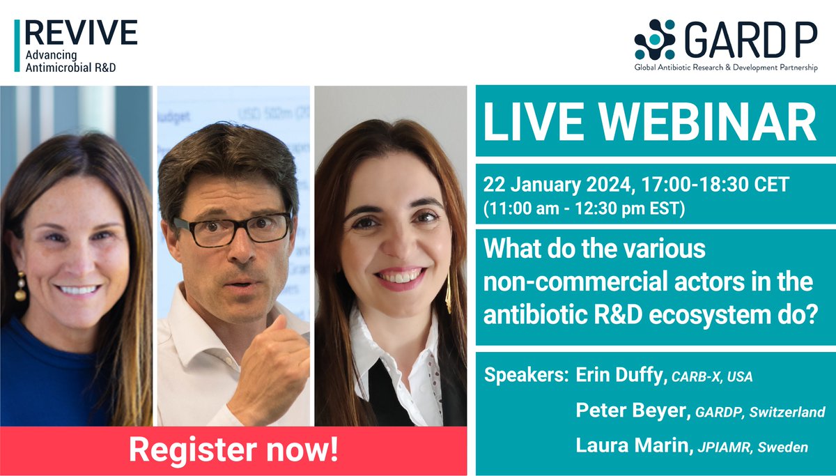 gardp_amr's tweet photo. 📅 22 January 2024, 5pm CET  

Join @PeterBeyer3 @ErinDuffyJ and Laura Marin for our next #REVIVE webinar on what  the various non-commercial actors in the antibiotics R&amp;D ecosystem🧐

Free registration: https://t.co/bDkYc1cQ0I https://t.co/I8ER5MJxBV