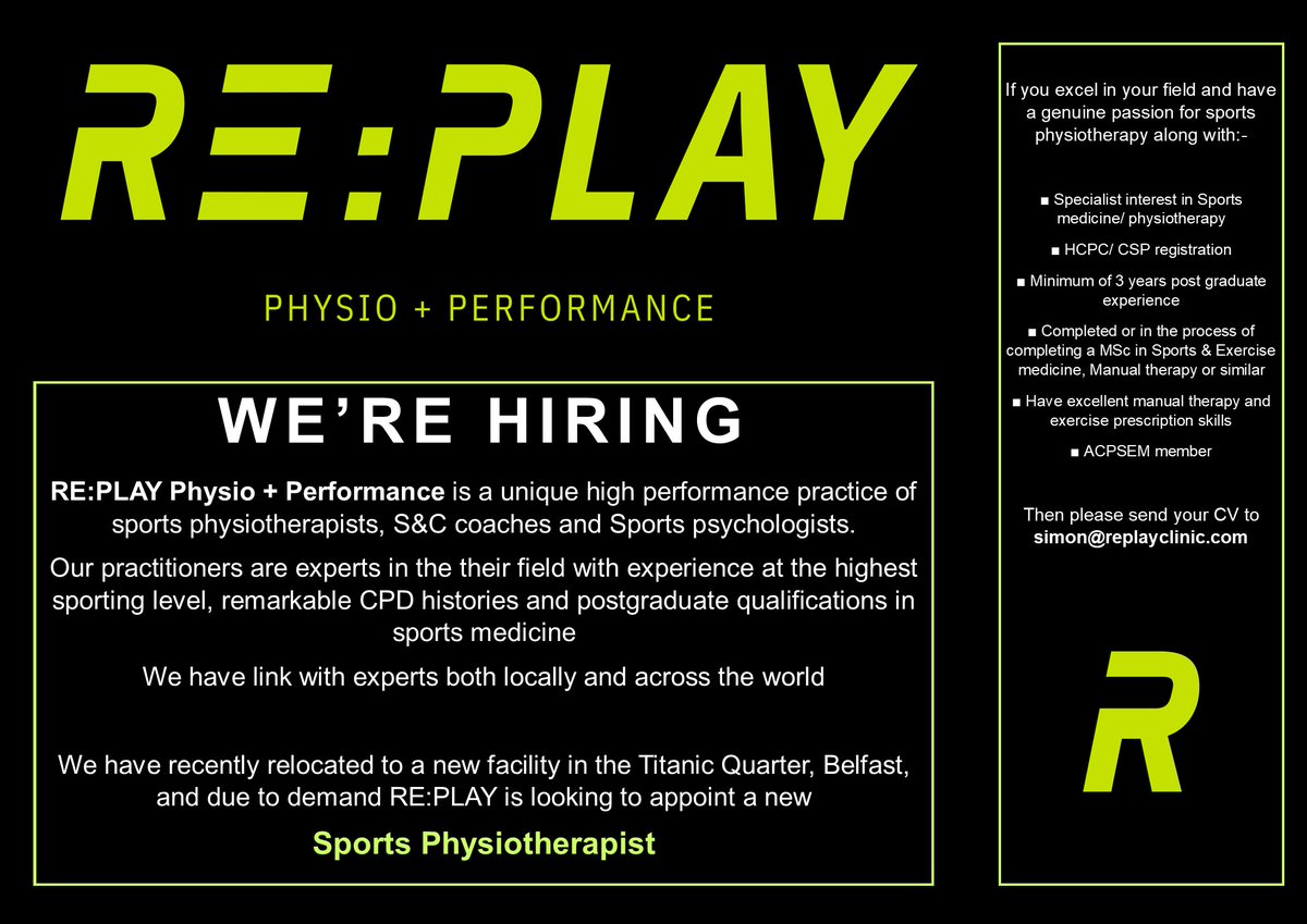 WE ARE HIRING A SPORTS PHYSIOTHERAPIST!
Please send in your relevant CV to simon@replayclinic.com if you’d like to join our team!
#sportsphysio #physiotherapy #physiojob #physiobelfast #sportsphysiotherapy