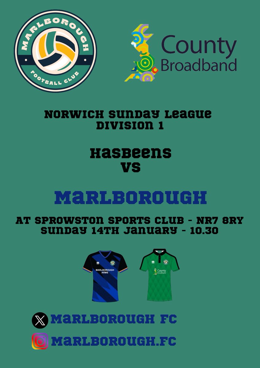 After last weeks postponement, we are back at it this week (hopefully) vs @HasbeensFc at Sprowston Sports and Social Club. Time to run off that Christmas gut! @CountyBroadband #MarlboroughArms #UpTheMarley