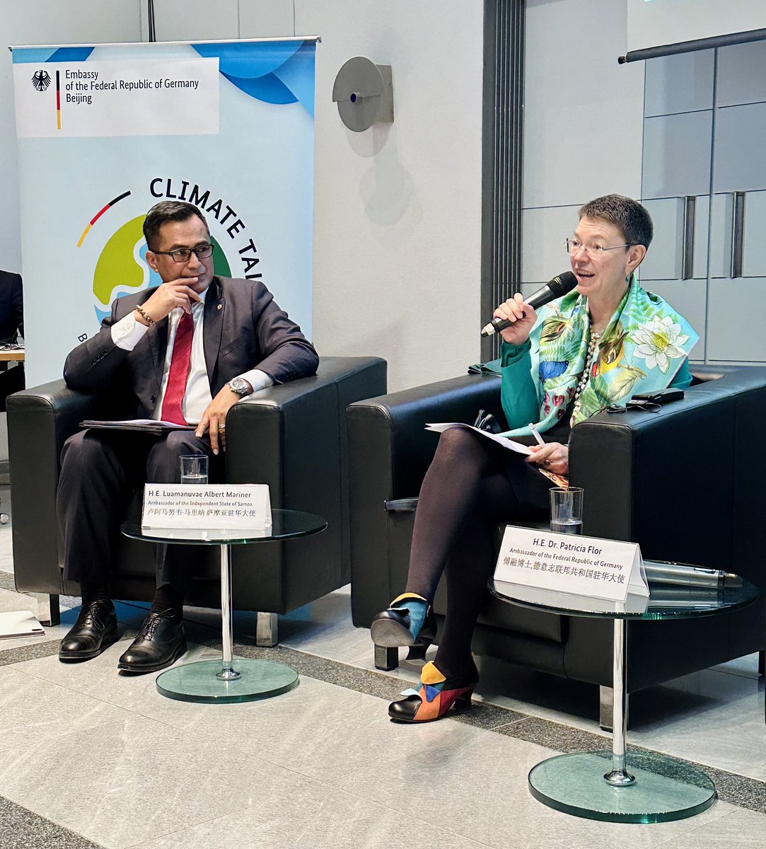 GerAmbChina's tweet photo. #BeijingClimateTalks: ‘This is the moment when everyone needs to contribute whatever they can to stem the coming climate crisis.’ Lively panel discussion, co-hosted by Samoan Ambassador Mariner, reviewing #COP28. Increasingly urgent: real action and more #ClimateFinance https://t.co/w7y5KdTCgv