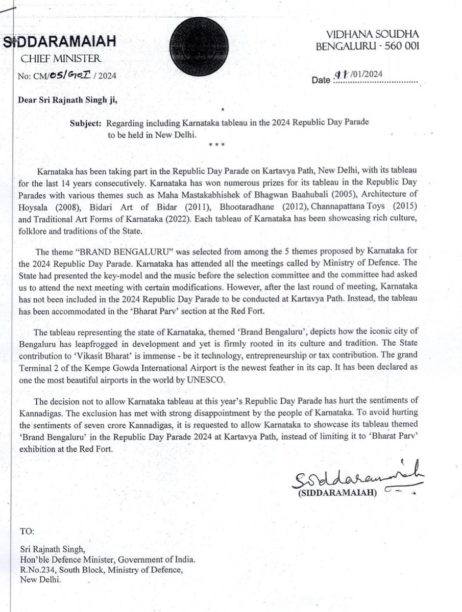 siddaramaiah's tweet photo. I have written to Defence Minister Shri @rajnathsingh, requesting the inclusion of Karnataka's tableau in the Republic Day parade.

In my letter to Defence Minister Shri Rajnath Singh, I've expressed the deep sentiment of 7 crore Kannadigas. Denying Karnataka's tableau in the Republic Day parade isn't just an oversight; it's a blow to our state's pride. Our achievements deserve the national stage.

#KarnatakaPride #JusticeForKarnataka