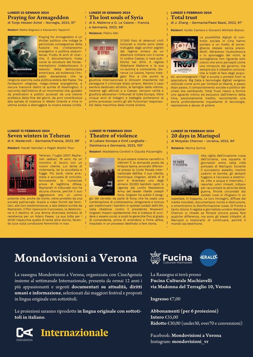 Heraldoverona's tweet photo. SAVE THE DATE 🗓️Lunedì 22 gennaio e ogni lunedì fino al 26 febbraio, alla Fucina Culturale Machiavelli torna #Mondovisioni con i documentari selezionati da Internazionale in collaborazione con CineAgenzia e con Heraldo. #Verona #docufilm https://t.co/mmyWU0SGx4 https://t.co/KSTNDa3lxH