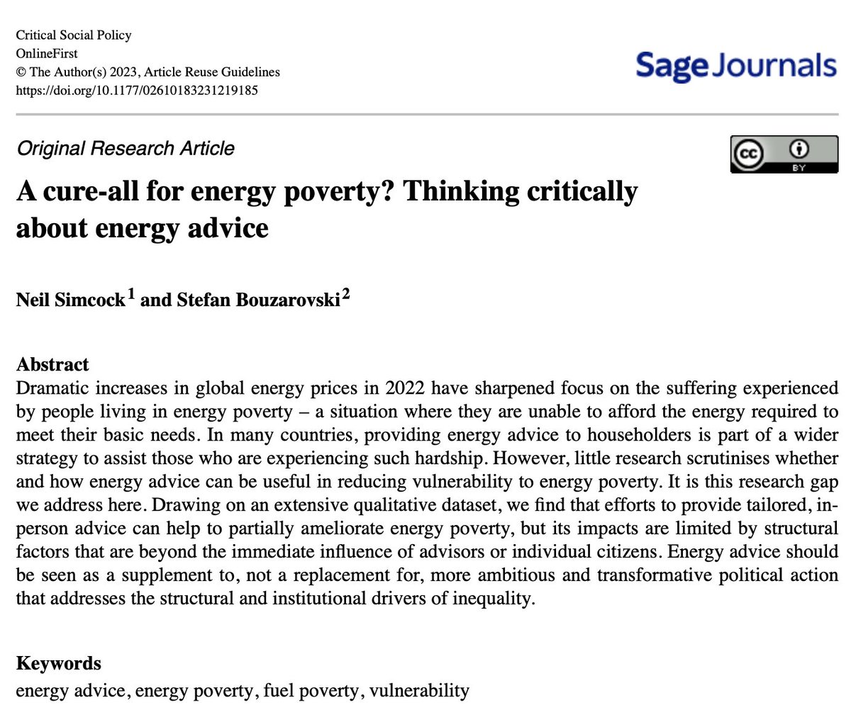 To what extent can energy advice reduce #energypoverty? Together with @NeilNds we recently published a paper on the topic in @criticalsocpol, based on the long-standing Manchester Energy Advice Lab (in operation since 2019). My work on the paper was part-supported by @EDRC_UK.…