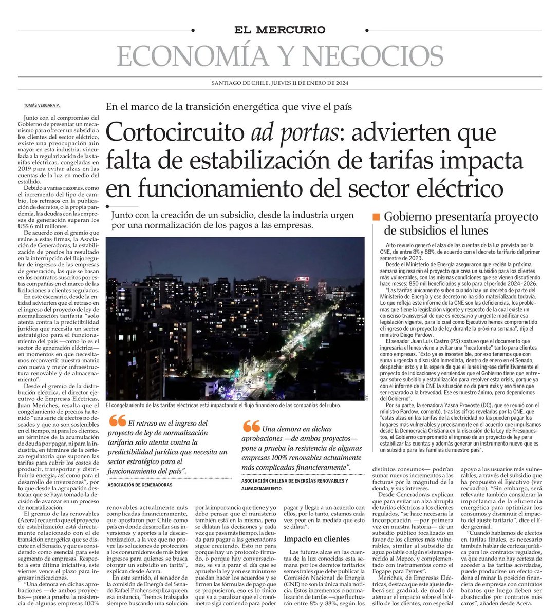 El retraso en el ingreso del proyecto de ley de normalización tarifaria "atenta contra la predictibilidad jurídica que necesita un sector estratégico para el funcionamiento del país, como lo es el sector de generación eléctrica" ⤵️ @ElMercurio_cl