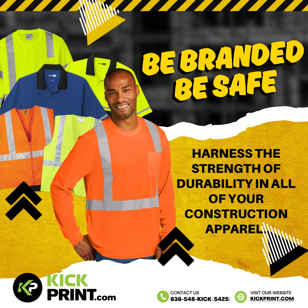 kickprint's tweet photo. "Construction companies, need safety gear for your team? Look no further!   Choose us for savings and stay for our delivery. From budget to premium grade ANSI wear, we've got you covered. #Construction #SafetyGear #Branding" https://t.co/AV3BV0TzyQ
