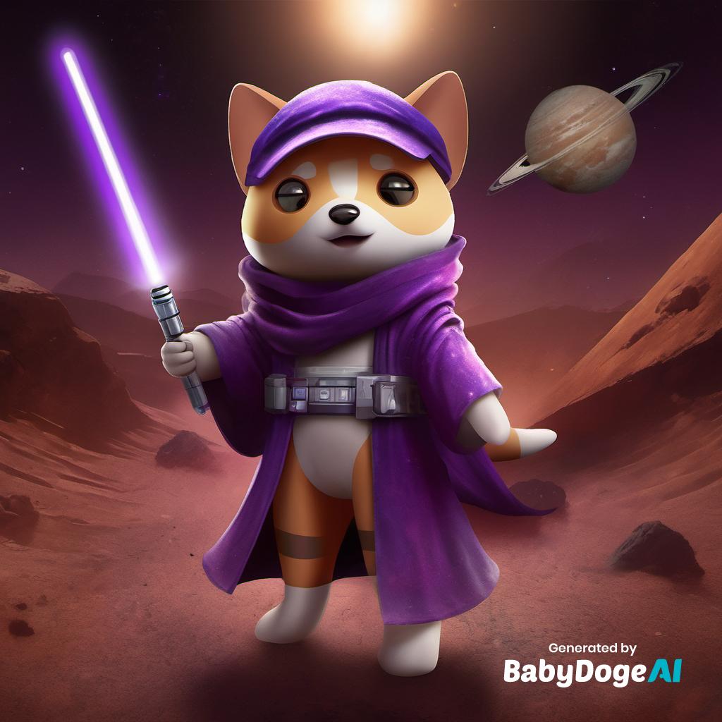 BabyDoge's tweet photo. "Image of mage BabyDoge wearing purple robe and wizard hat holding light saber with full body standing in the Mars, universe background, cyber punk style, extremely detail, dark painting," Generated via #BabyDogeAi Generate your own now at https://t.co/tyex8v7Qfm https://t.co/rynx27CCBA