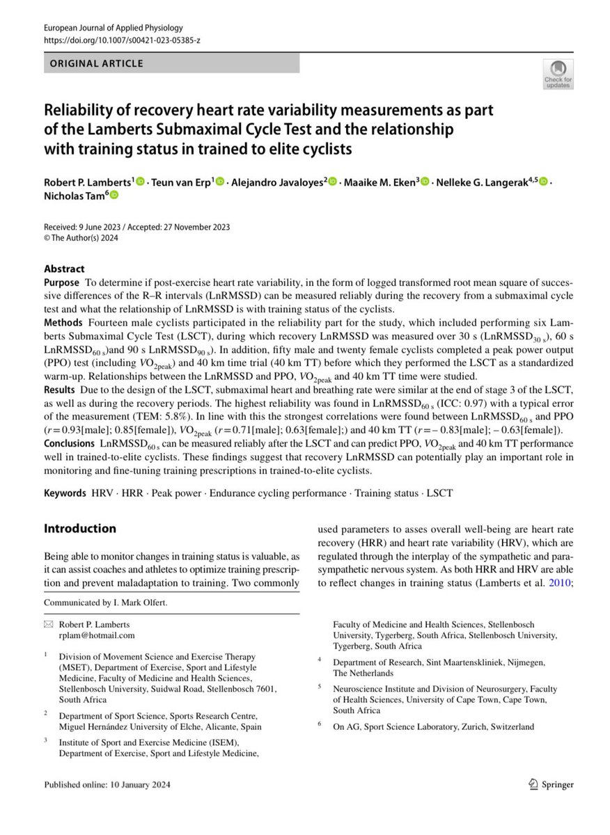 Happy to see our paper on HRV measurement during recovery published in EJAP 🥳 Free available via: lnkd.in/d4Jd36HU

<a href="/The_Teun/">Teun</a> <a href="/alejandro_java/">Alejandro Javaloyes</a> <a href="/MaaikeEken/">Maaike Eken</a> #nellekelangerak <a href="/nictam_za/">Nicholas Tam</a> <a href="/SUhealthsci/">SU, Faculty of Medicine and Health Sciences</a>