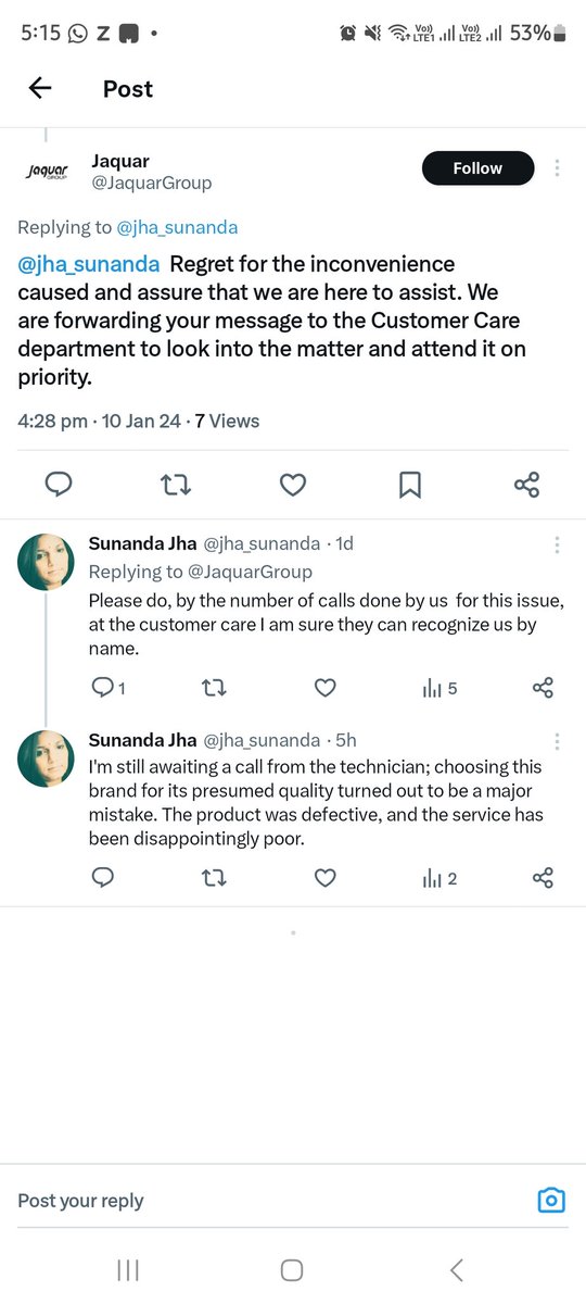 jha_sunanda's tweet photo. @JaquarGroup Frustrated with the ongoing issue and lack of resolution. It's surprising that such a large branch has such poor customer support. Responses are polite but ineffective. Its about 20 days still waiting for resolution. Is this what you meant when saying "on priority"? Pathetic https://t.co/noQq8iFSRb