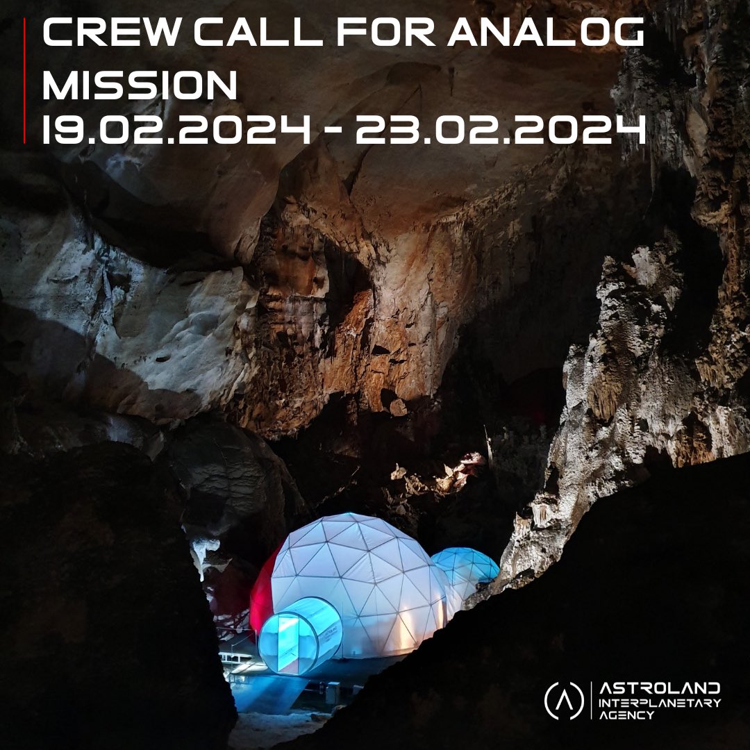 CREW CALL for analog mission
If you are interested please, do note hesitate tu contact us to join the crew. 
We send you the technical information and costs involved.

🗓️Mission dates: Februart 19th to 23th, 2024
Spain 🇪🇸

Write info@astrolandagency.com 
#analogmission