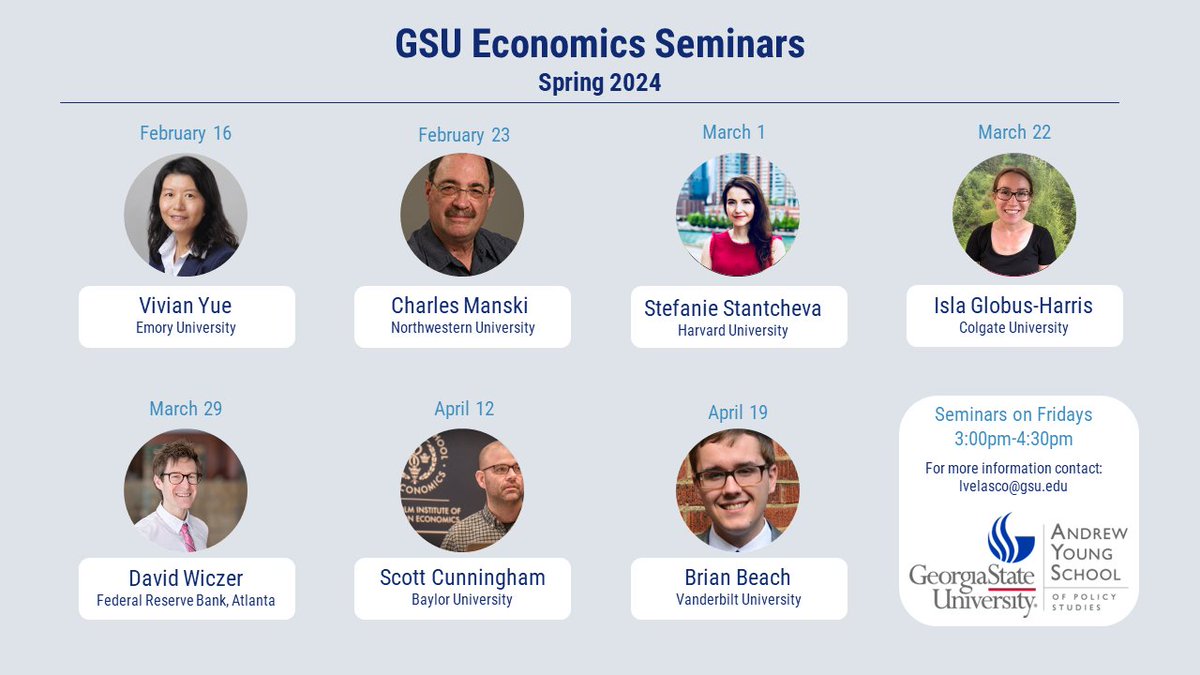 Lauren Hoehn-Velasco (@lhoehnvelasco) on Twitter photo Check out our <a href="/GSU_Economics/">Georgia State Economics Dept. and Seminar Series</a> seminar lineup this semester!
Feel free to reach out if you are in the Atlanta area and want to drop in on one of these great talks.
#EconTwitter <a href="/vyue_twitt/">Vivian Yue</a> <a href="/S_Stantcheva/">Stefanie Stantcheva</a> @DrGlobusHarris <a href="/DavidWiczer/">David Wiczer</a> <a href="/causalinf/">scott cunningham</a> <a href="/BrianBBeach/">Brian Beach</a> Check out our <a href="/GSU_Economics/">Georgia State Economics Dept. and Seminar Series</a> seminar lineup this semester!
Feel free to reach out if you are in the Atlanta area and want to drop in on one of these great talks.
#EconTwitter <a href="/vyue_twitt/">Vivian Yue</a> <a href="/S_Stantcheva/">Stefanie Stantcheva</a> @DrGlobusHarris <a href="/DavidWiczer/">David Wiczer</a> <a href="/causalinf/">scott cunningham</a> <a href="/BrianBBeach/">Brian Beach</a>