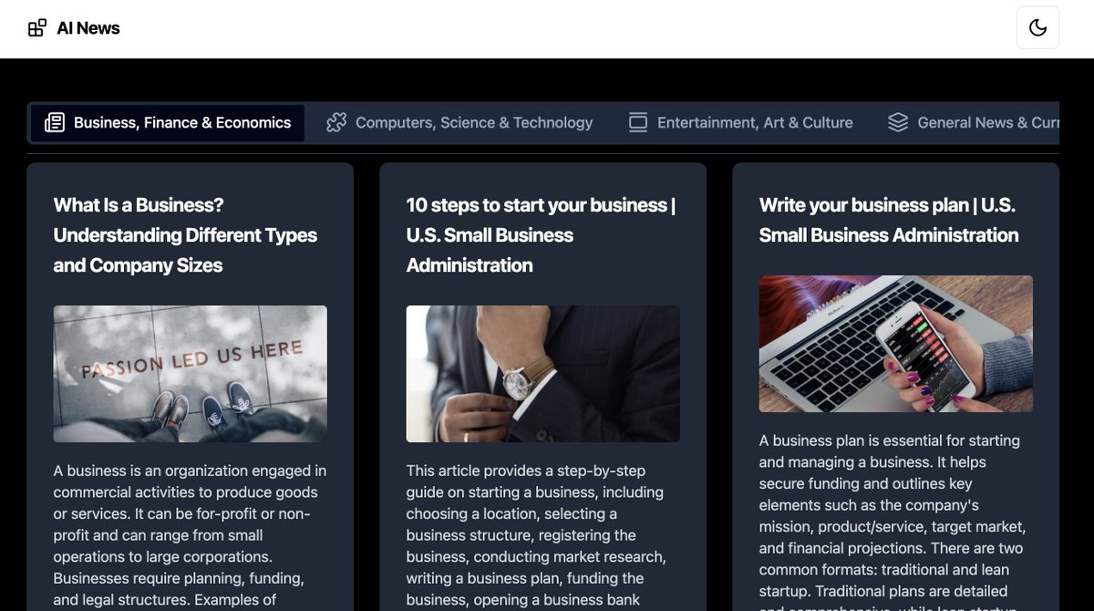 rebyteai's tweet photo. Introducing the amazing 'AI news' app. The UI for this app is developed completely using ReByte's customized UI! You get news from different categories all in one place and easily access more details by clicking "Read more". Check it out now:https://t.co/foXVUP3C0R #ReByte https://t.co/lsMbzz9QGG