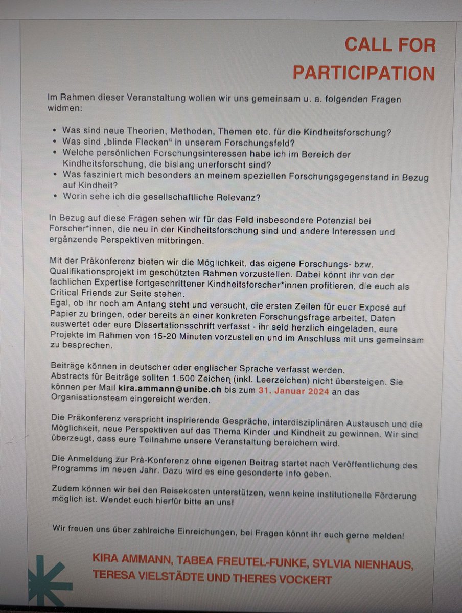 Gerne machen wir auf die Verlängerung des CfP 'Let's fill the gap - Neues für die Kindheitsforschung' aufmerkam. Die Pre-Konferenz zur Sektionstagung der Soziologie der Kindheit findet im April in Lüneburg statt. Wir freuen uns auf eure Einreichungen. Leitet den Call gern weiter!