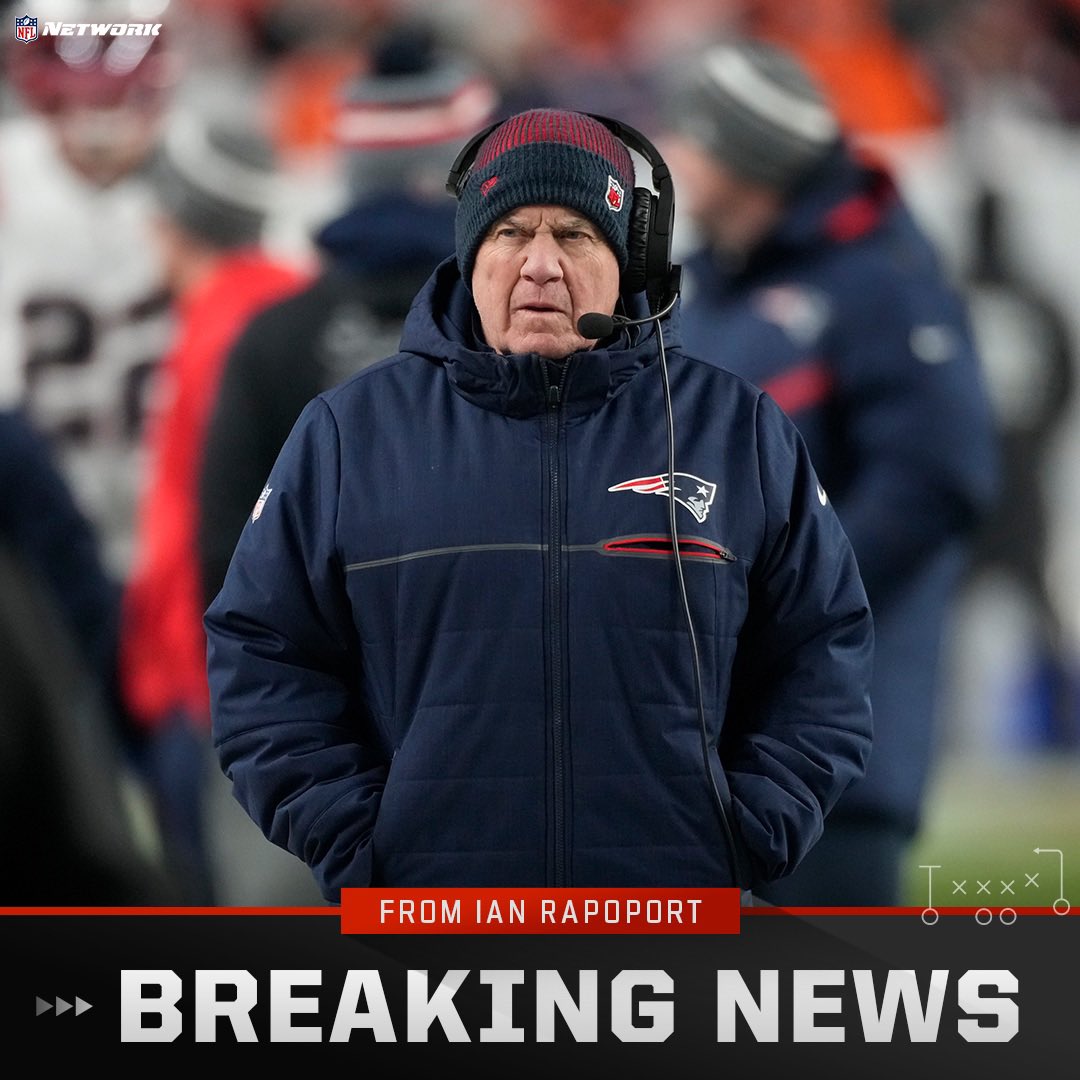 Ian Rapoport (@rapsheet) on Twitter photo 🚨 🚨 🚨
The #Patriots are moving on and so is the greatest coach of all time.
Bill Belichick won’t be New England’s coach in 2024, per me and <a href="/TomPelissero/">Tom Pelissero</a>, as his celebrated 24-year tenure, one that included 6 Super Bowl wins, is over. A new era awaits. 🚨 🚨 🚨
The #Patriots are moving on and so is the greatest coach of all time.
Bill Belichick won’t be New England’s coach in 2024, per me and <a href="/TomPelissero/">Tom Pelissero</a>, as his celebrated 24-year tenure, one that included 6 Super Bowl wins, is over. A new era awaits.
