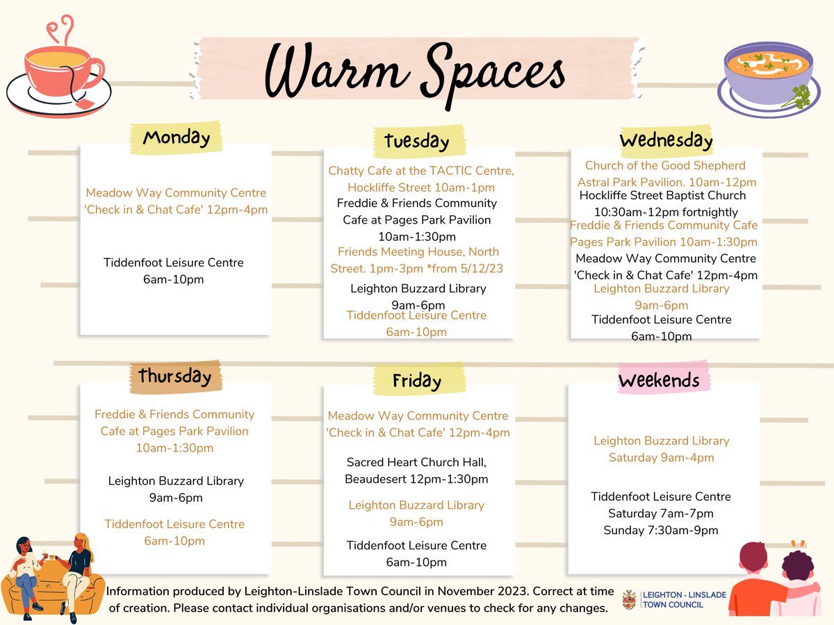 ***Warm Spaces***

This Winter, many community spaces in Leighton Buzzard are offering warm spaces to help residents. You can find more information on our website: 

leightonlinslade-tc.gov.uk/cost-of-living…