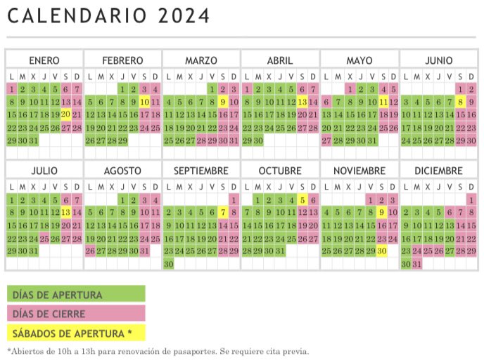 Ya está disponible en nuestra web nuestro 🗓️ calendario de apertura para 2024.

En #CGMánchester🇪🇸 seguiremos abriendo un sábado al mes para la renovación de pasaportes de todos aquellos que no podéis visitarnos de lunes a viernes.

Calendario completo: exteriores.gob.es/Consulados/Man…