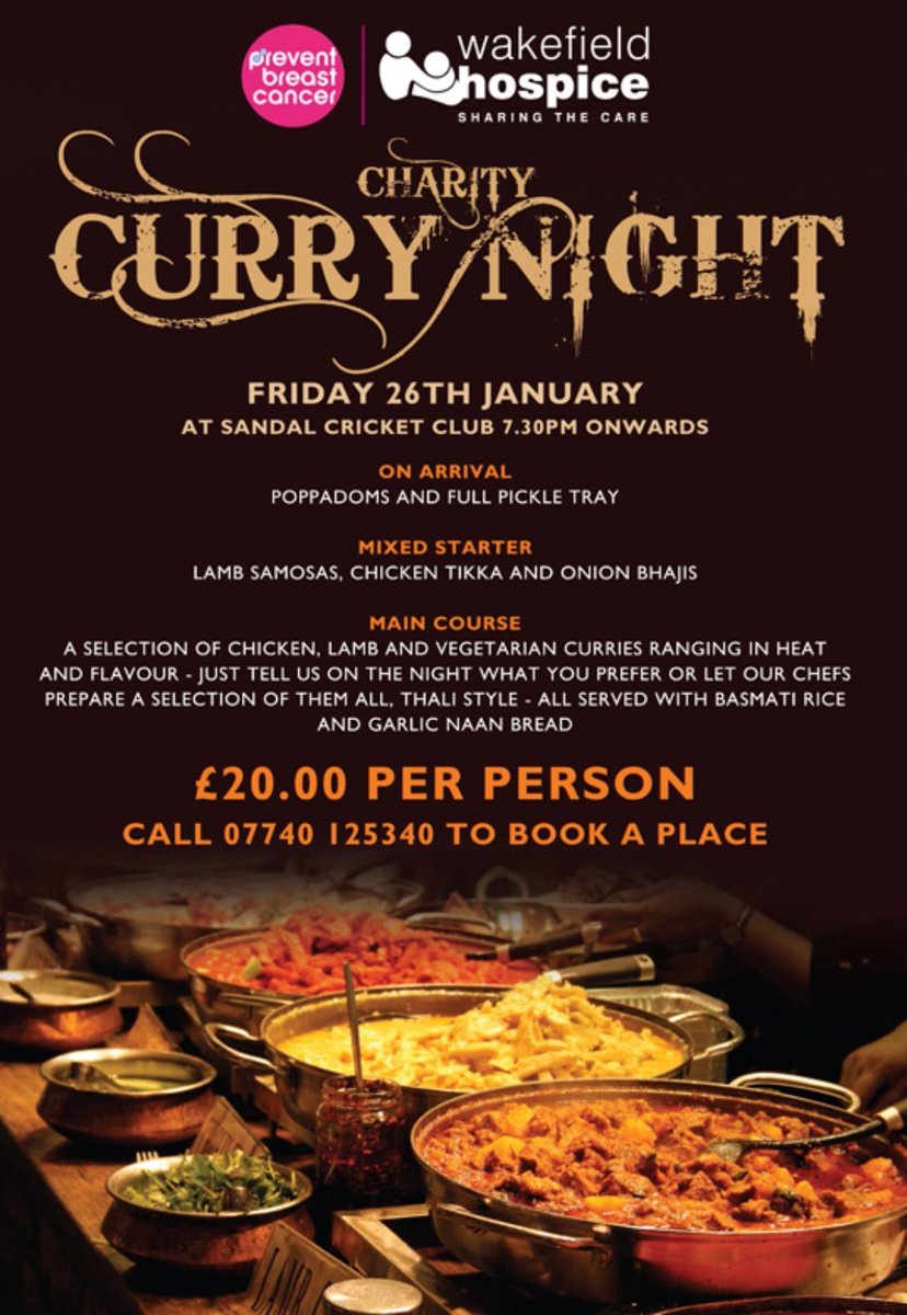 Join us for a curry night at the club on Friday 26th January in support of Wakefield Hospice and Prevent Breast Cancer!

First come, first serve - please book through the contact number below.